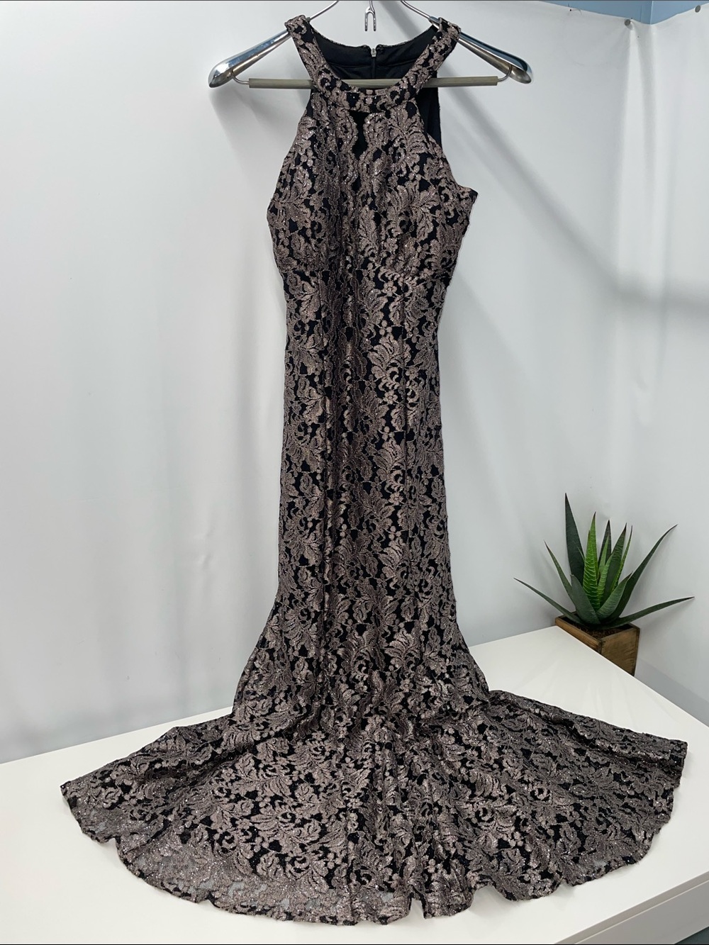 NIGHT WAY BLACK AND SILVER GLITTER FLORAL EVENING GOWN FTL-09-008